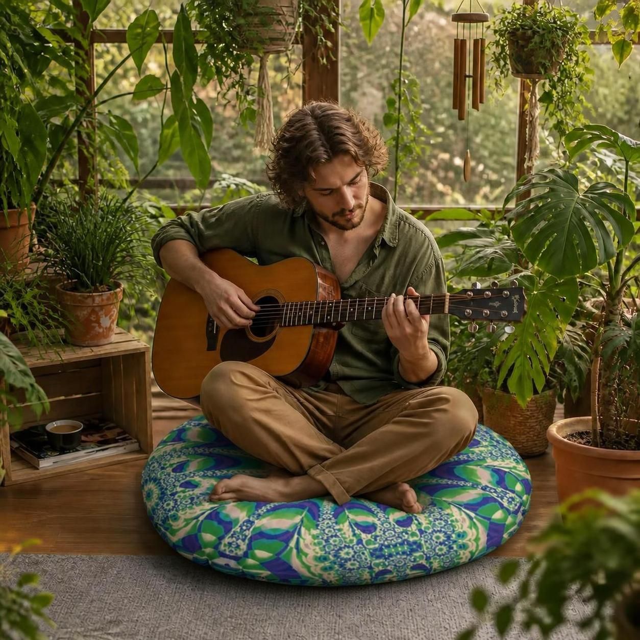 Ai pic of Man on a Mandala art pillow playing the guitar.